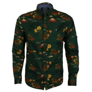 Bajieli Man's Vintage Floral Printed Shirts Green Yellow Long Sleeve