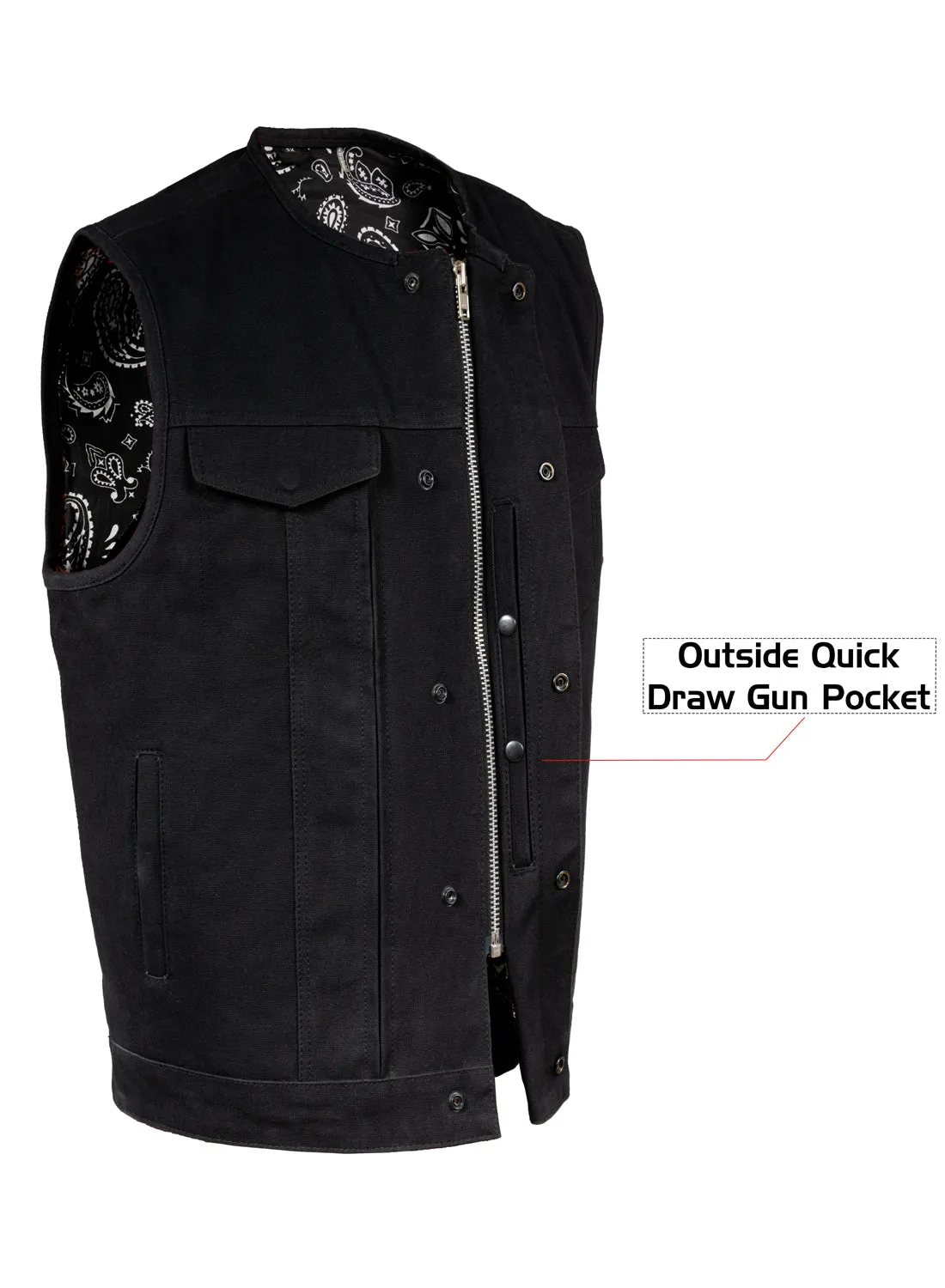 Black Motorcycle Canvas CLUB VEST with Front Zipper Paisley Lining Conceal Pockets