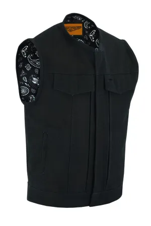 Black Motorcycle Canvas CLUB VEST with Front Zipper Paisley Lining Conceal Pockets