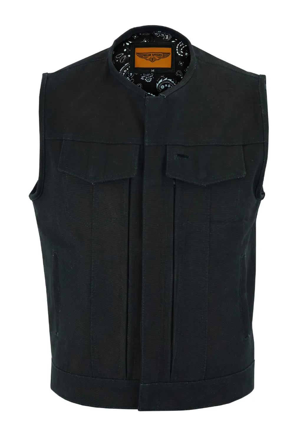 Black Motorcycle Canvas CLUB VEST with Front Zipper Paisley Lining Conceal Pockets