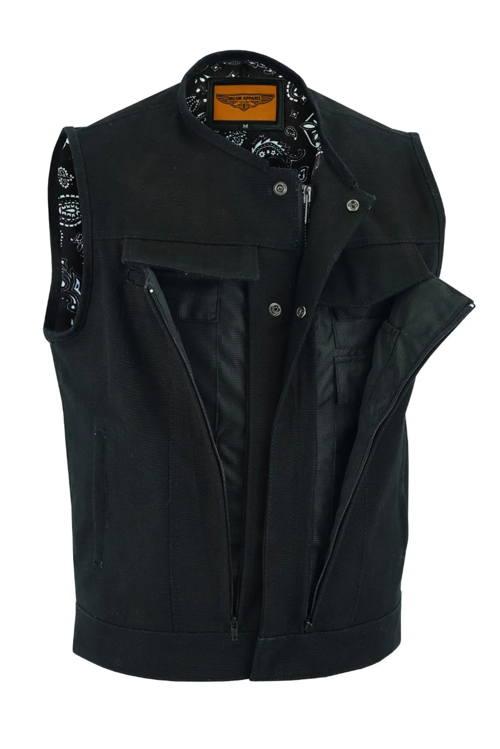 Black Motorcycle Canvas CLUB VEST with Front Zipper Paisley Lining Conceal Pockets