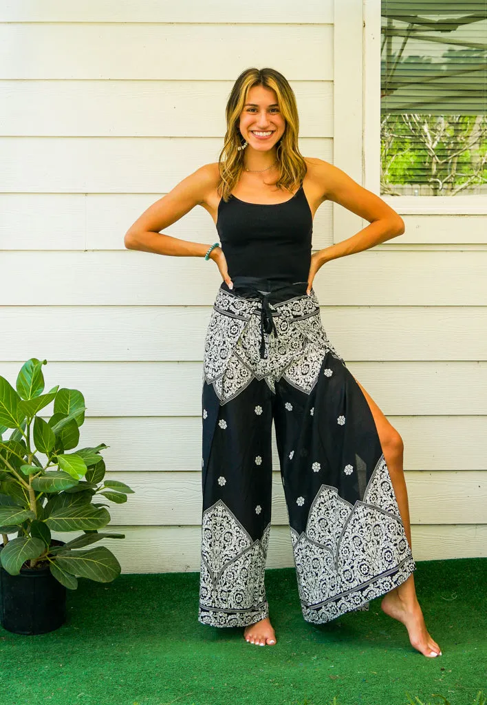 Black Royal Mandala Palazzo Wrap Pants