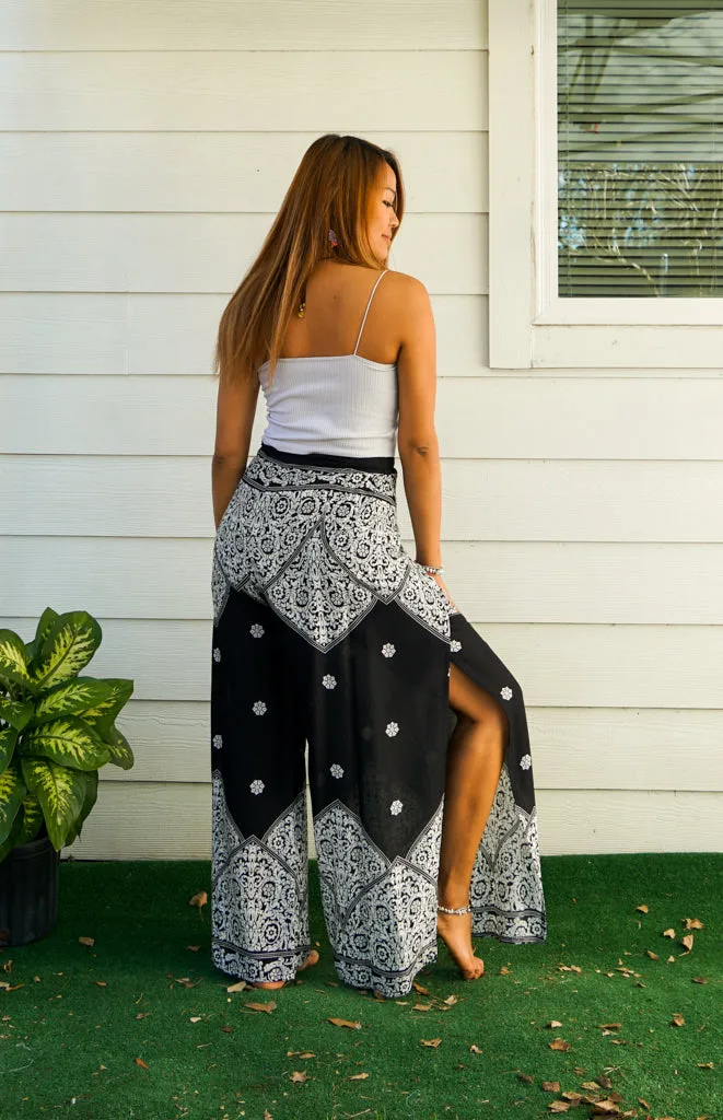 Black Royal Mandala Palazzo Wrap Pants