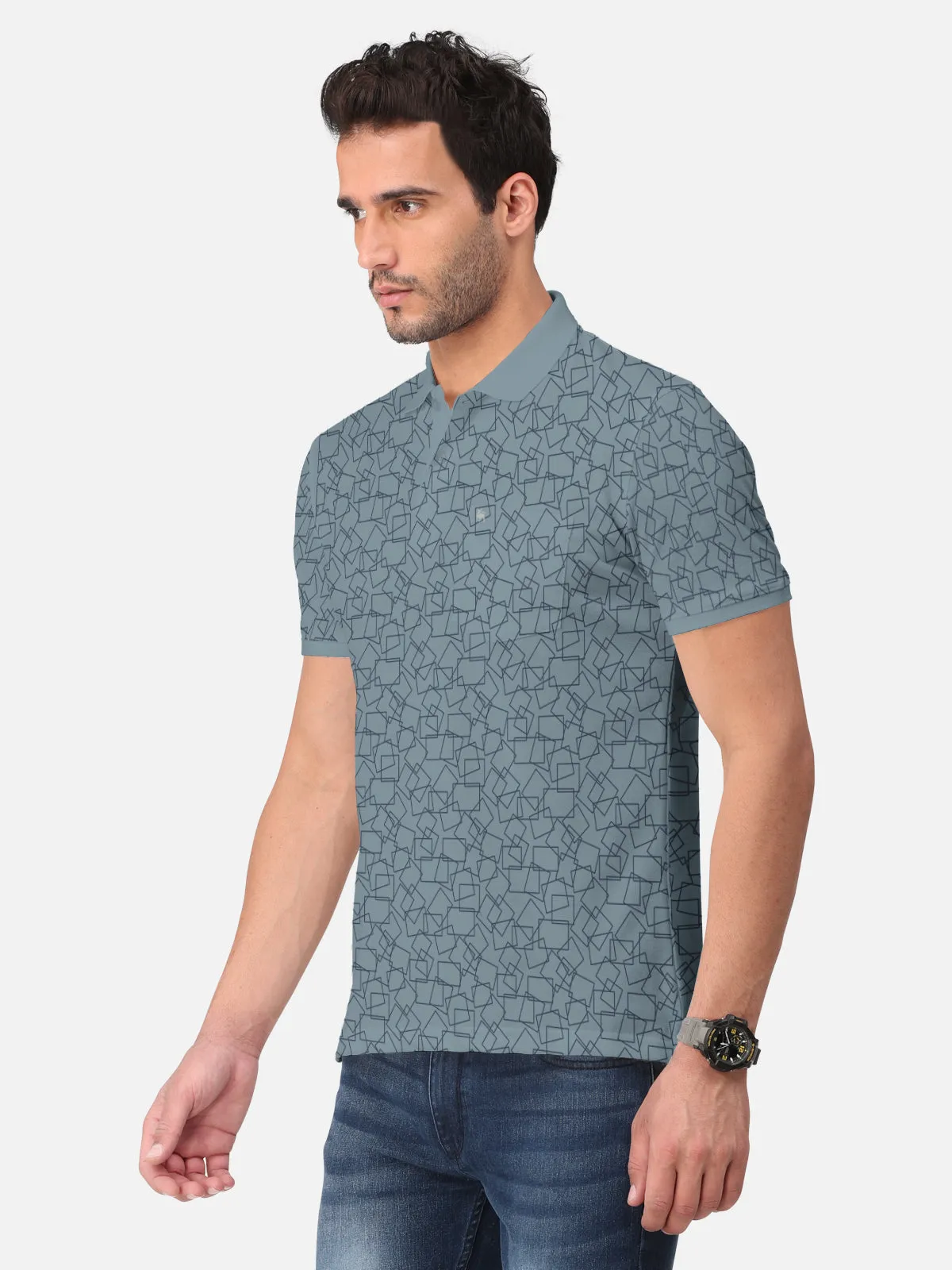 BULLMER Bluish Grey Trendy Printed Half Sleeve Polo T-shirt for Mens