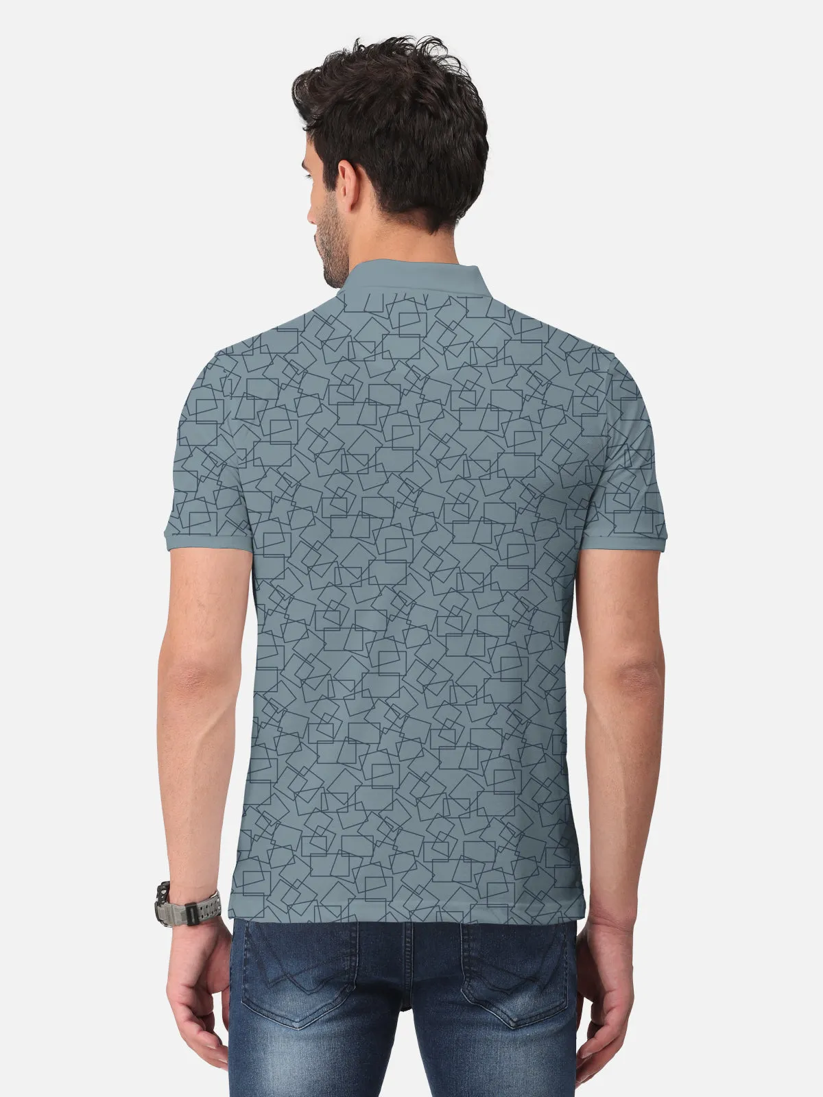 BULLMER Bluish Grey Trendy Printed Half Sleeve Polo T-shirt for Mens