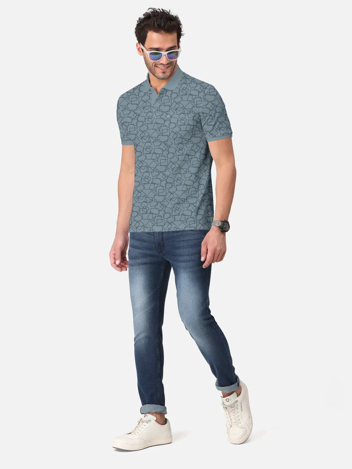 BULLMER Bluish Grey Trendy Printed Half Sleeve Polo T-shirt for Mens