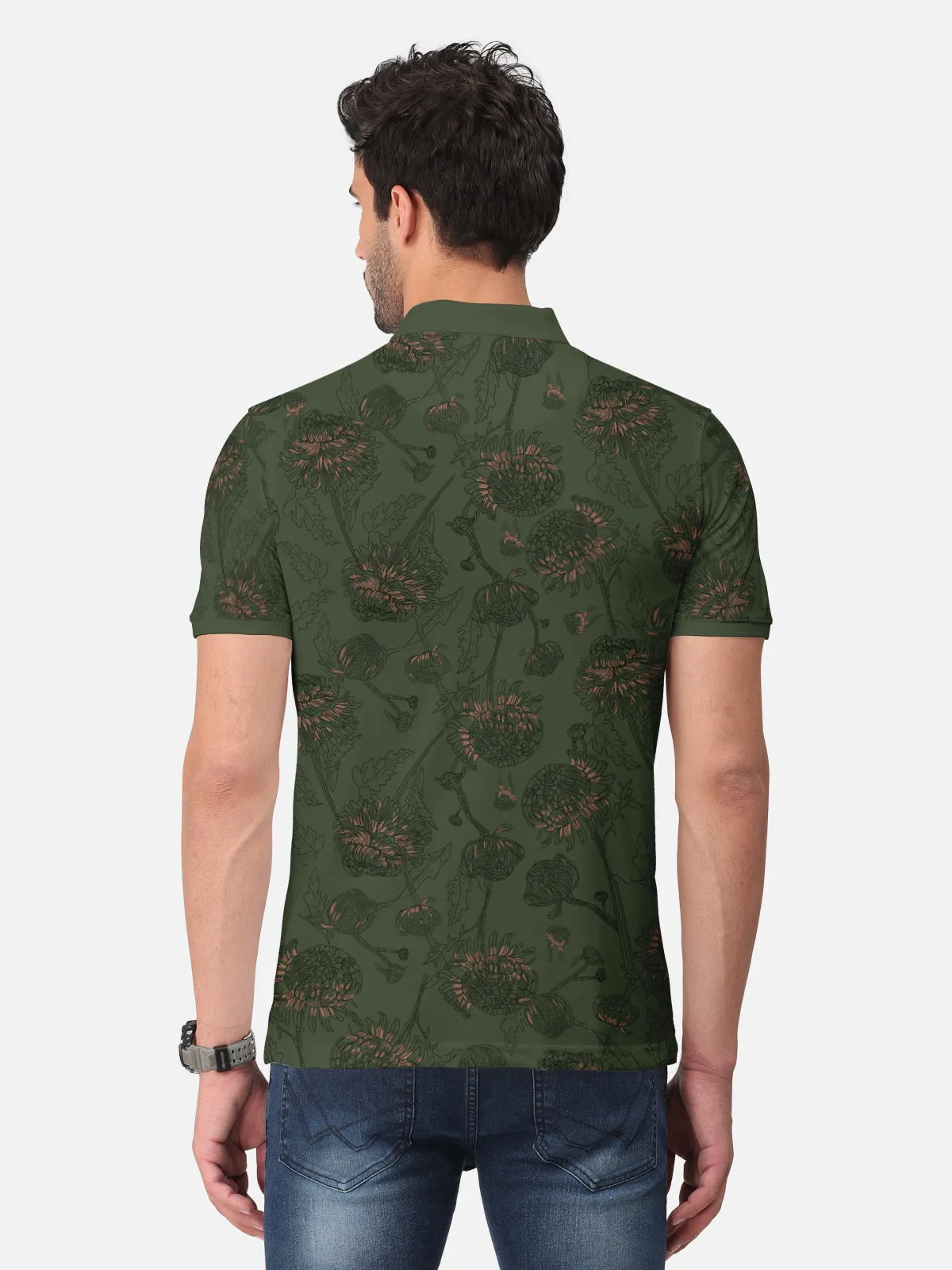 BULLMER Olive Trendy Printed Half Sleeve Polo T-shirt for Mens