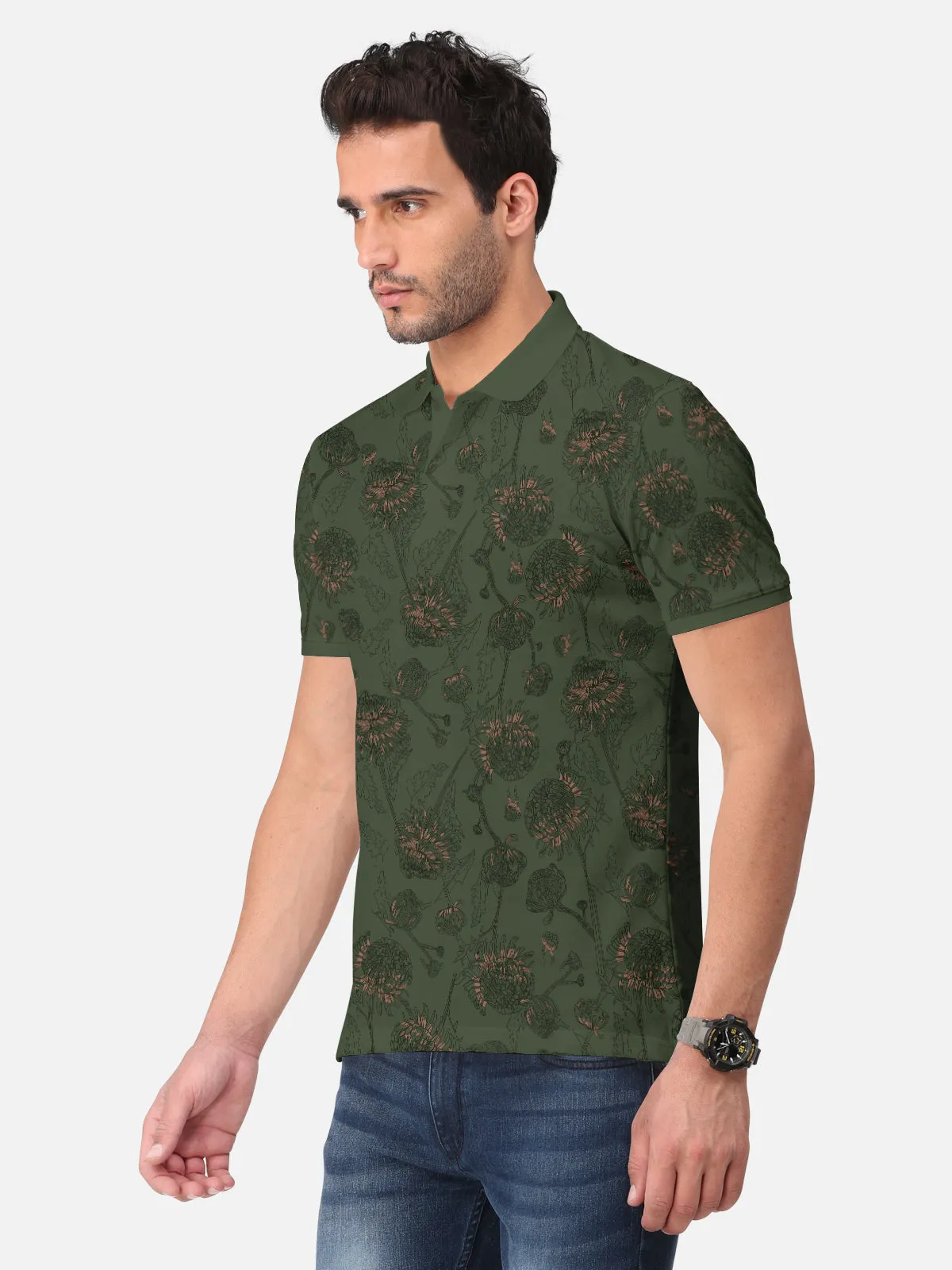 BULLMER Olive Trendy Printed Half Sleeve Polo T-shirt for Mens