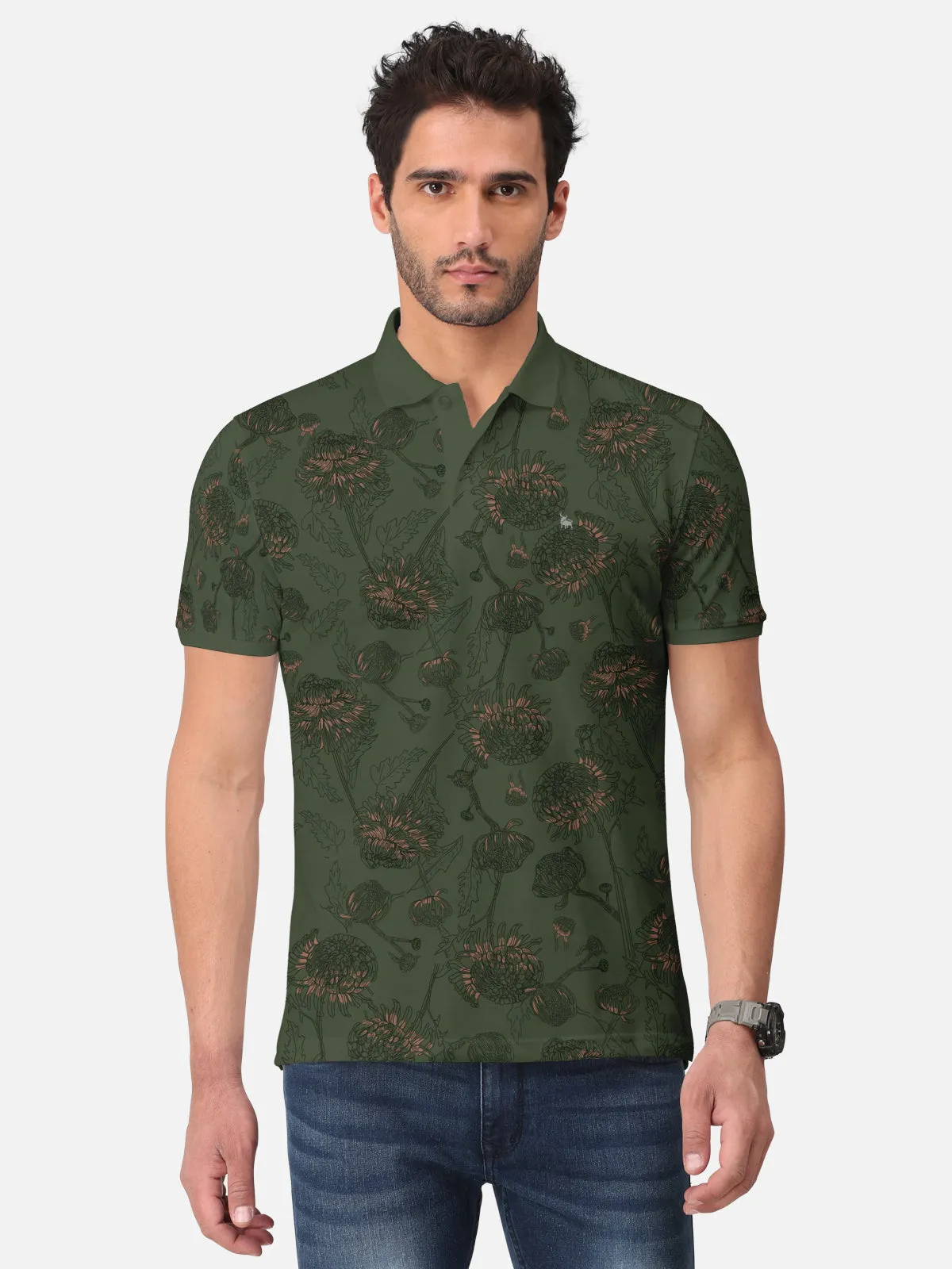 BULLMER Olive Trendy Printed Half Sleeve Polo T-shirt for Mens