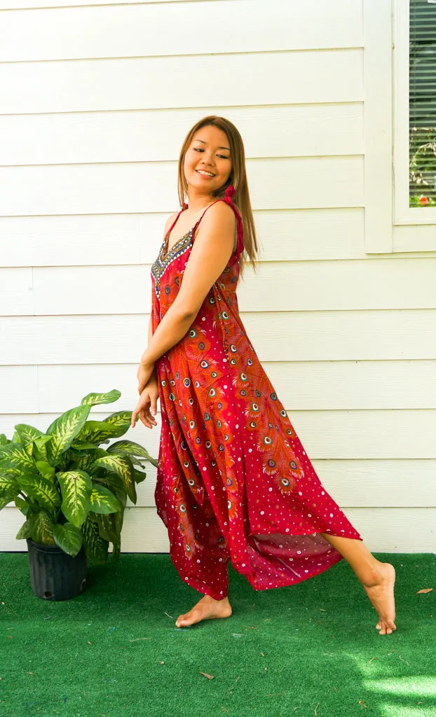 Burgundy Peacock Feather Jumpsuit