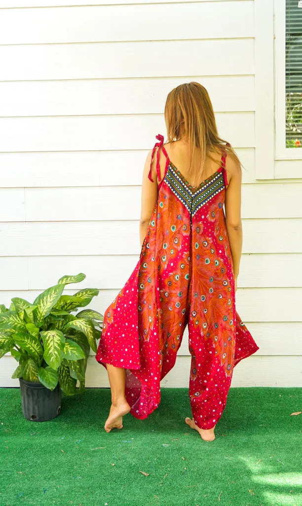 Burgundy Peacock Feather Jumpsuit