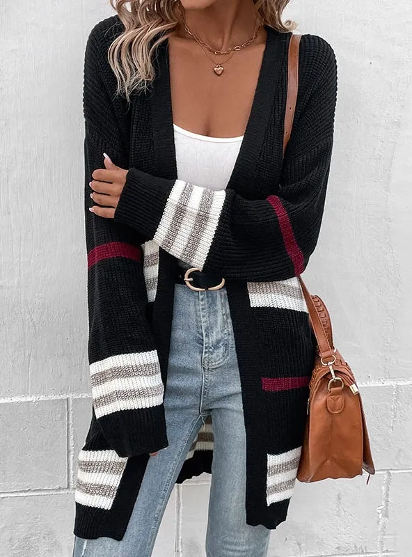 Color Matching Long Cardigan Knitted Sweater Coat