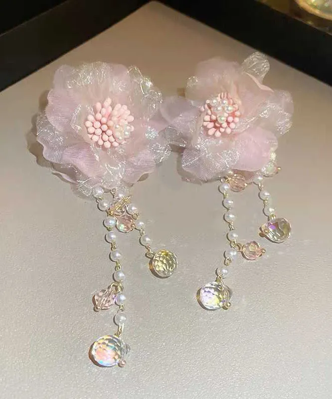 Cute Pink Crystal Pearl Tulle Floral Tassel Drop Earrings II007