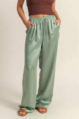 DZ24F332-Drawstring Waist Wide Leg Satin Pants