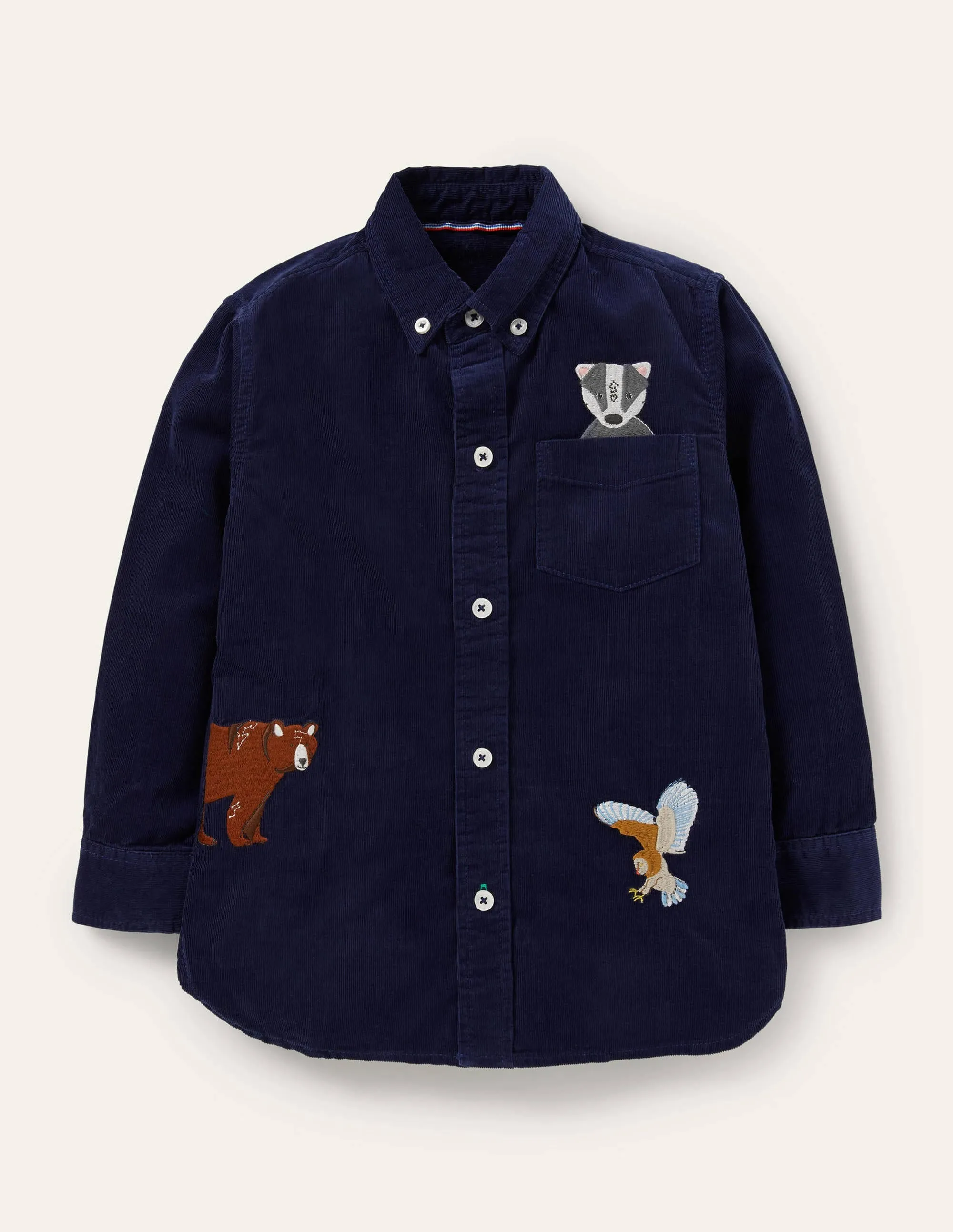 Embroidered Cord Shirt-College Navy Animals