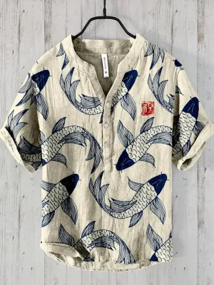 Ivyshape | Comfortable Fish Art Linen Shirt