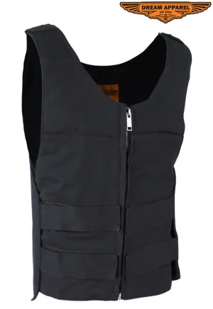 Mens Black Canvas Motorcycle Bullet Vest with Front Zipper Closure