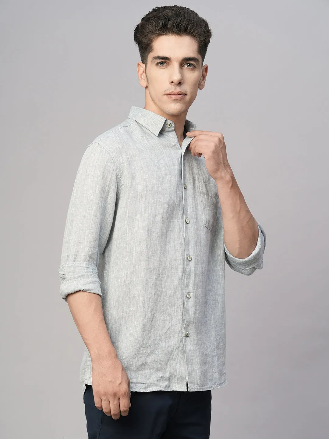 Men's Grey 100% Linen Regular Fit Shirt