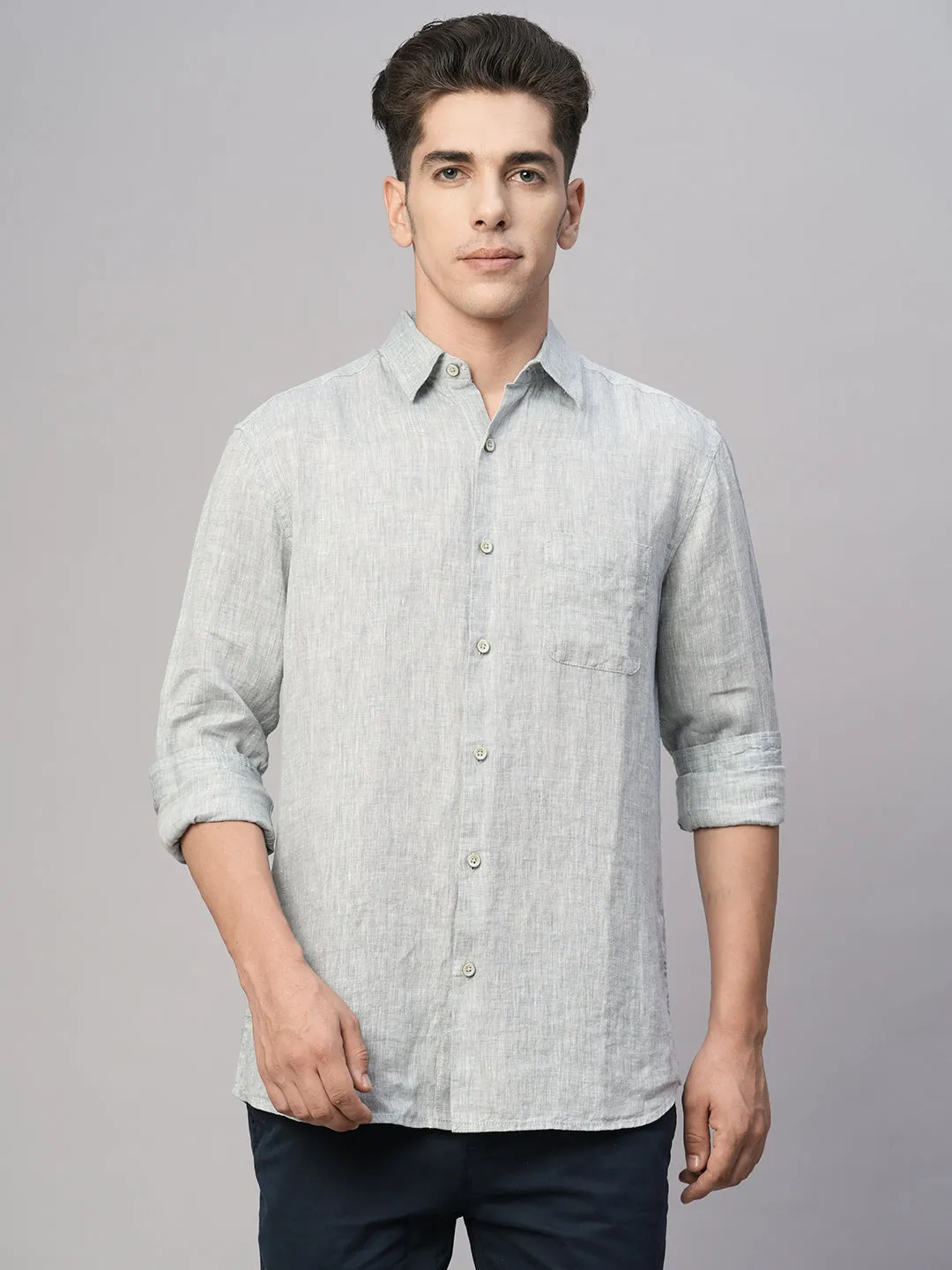 Men's Grey 100% Linen Regular Fit Shirt