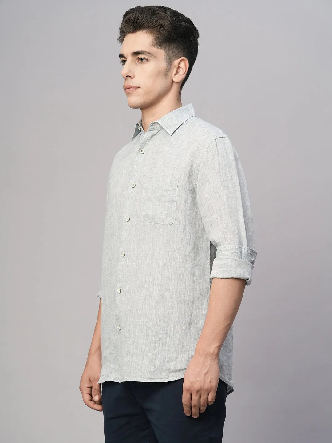 Men's Grey 100% Linen Regular Fit Shirt