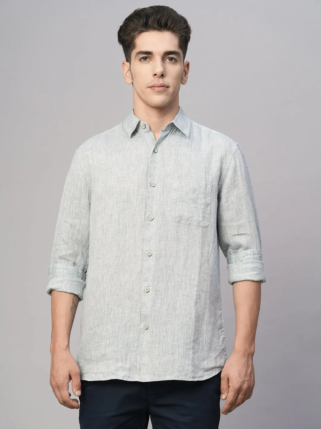 Men's Grey 100% Linen Regular Fit Shirt