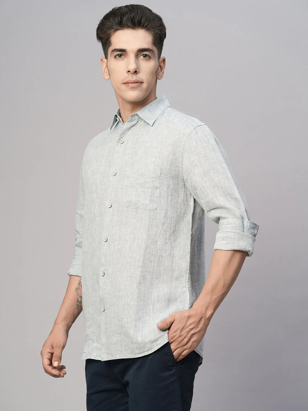 Men's Grey 100% Linen Regular Fit Shirt