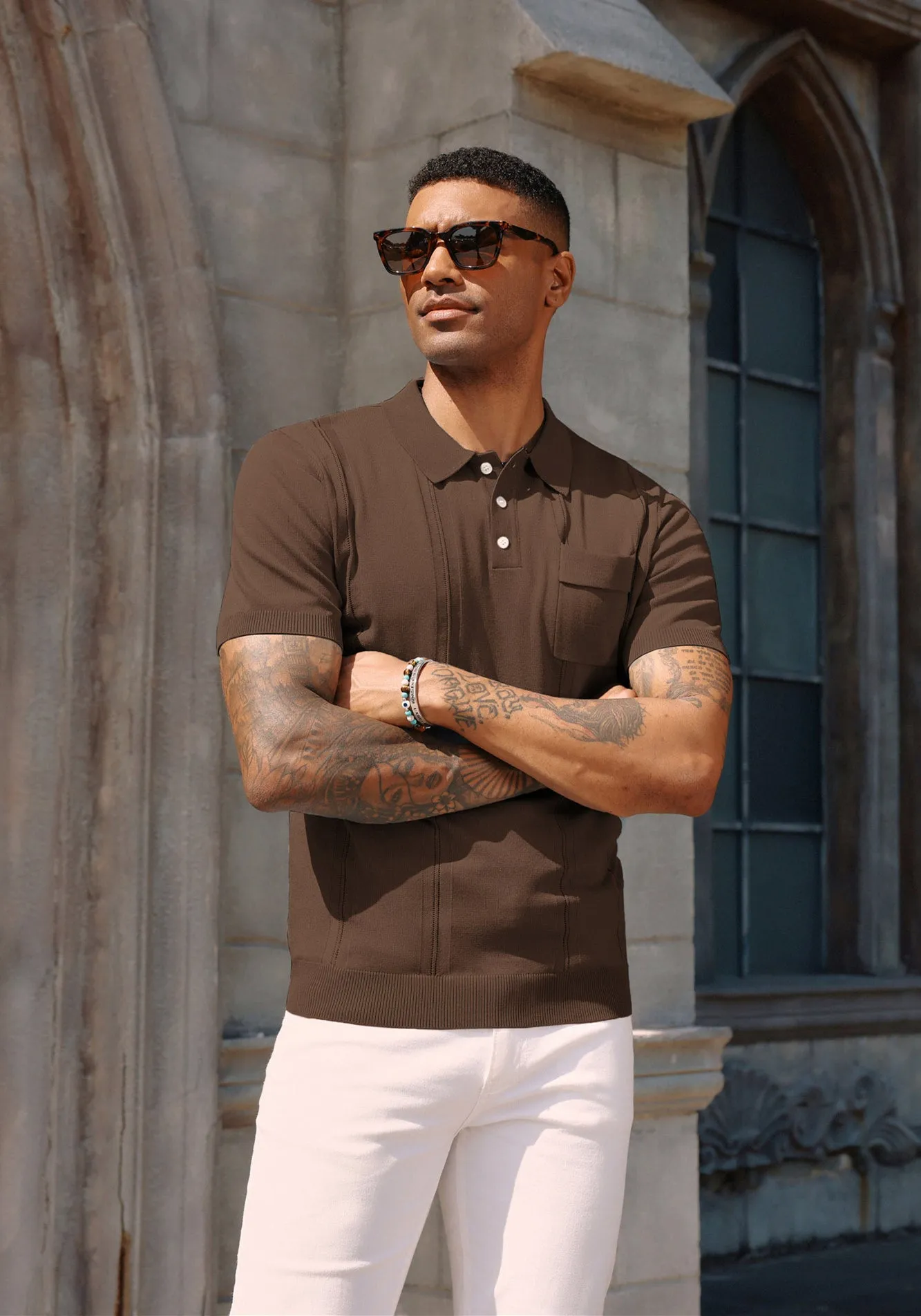 Men's Knit Polo Shirt Short Sleeve Casual Solid Golf Shirts with Pocket