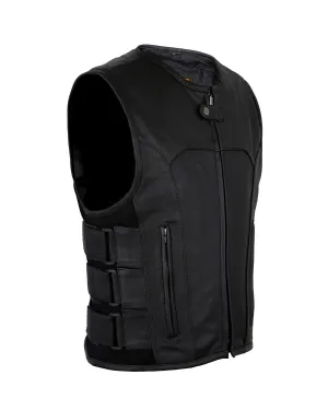 Mens Leather Bullet Proof Style Vest With Straps Cowhide Leather