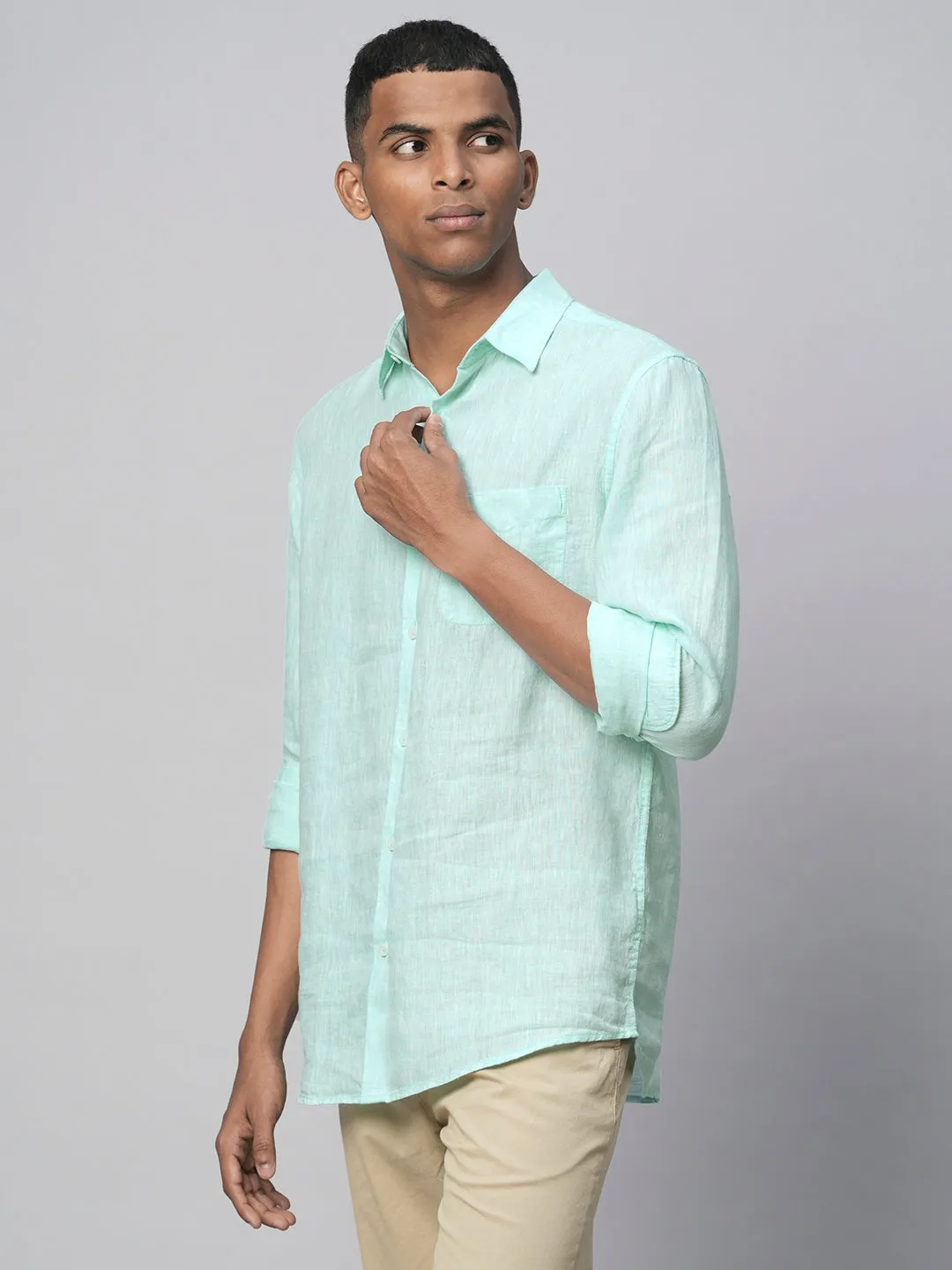 Men's Mint Green 100% Linen Regular Fit Long Sleeved Shirt