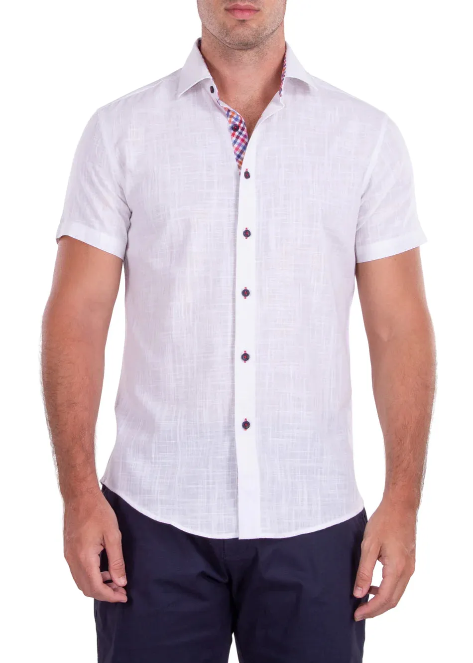 Men's White Linen Short Sleeve Button-Up Shirt Modern-Fit Style No-202120