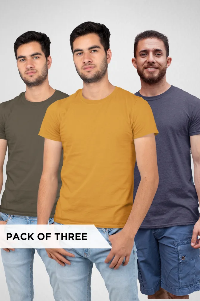 Pack Of 3 Plain T-shirts Navy Blue Olive Green and Mustard Yellow for Men