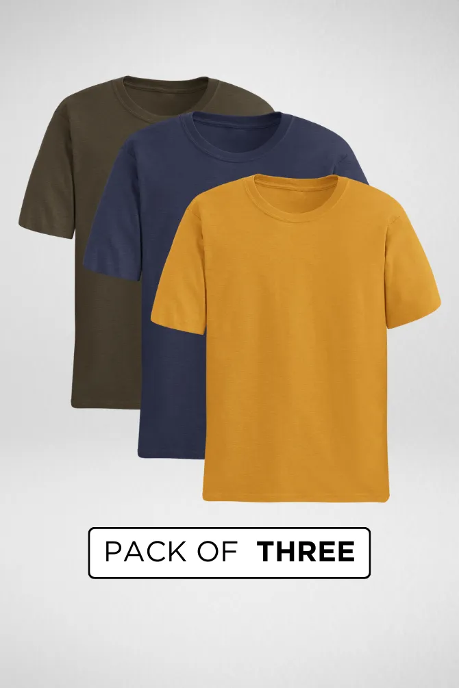 Pack Of 3 Plain T-shirts Navy Blue Olive Green and Mustard Yellow for Men