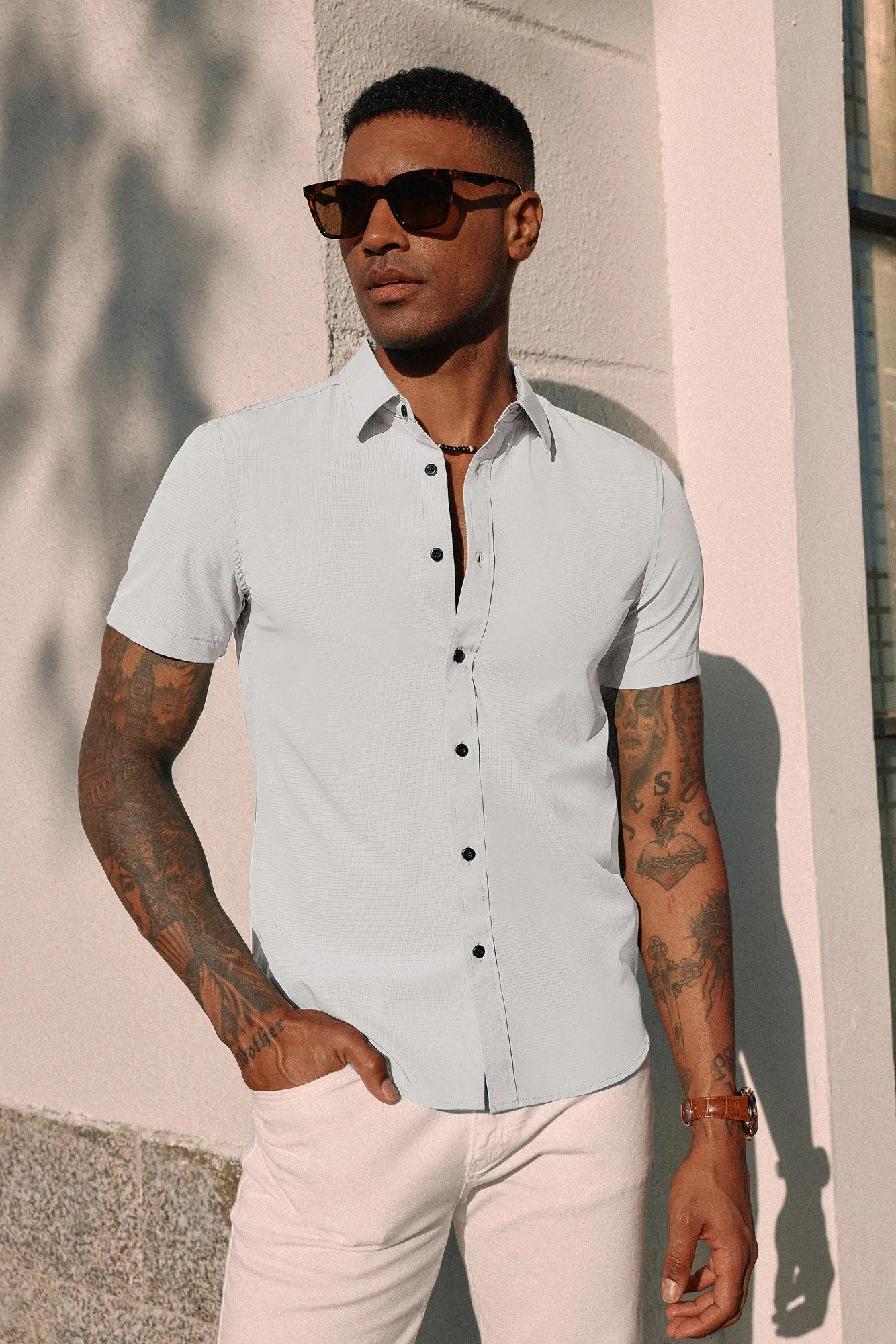 PJ Paul Jones Men Stylish Basic Shirt Short Sleeve Classic Collar Button-up Shirt Tops