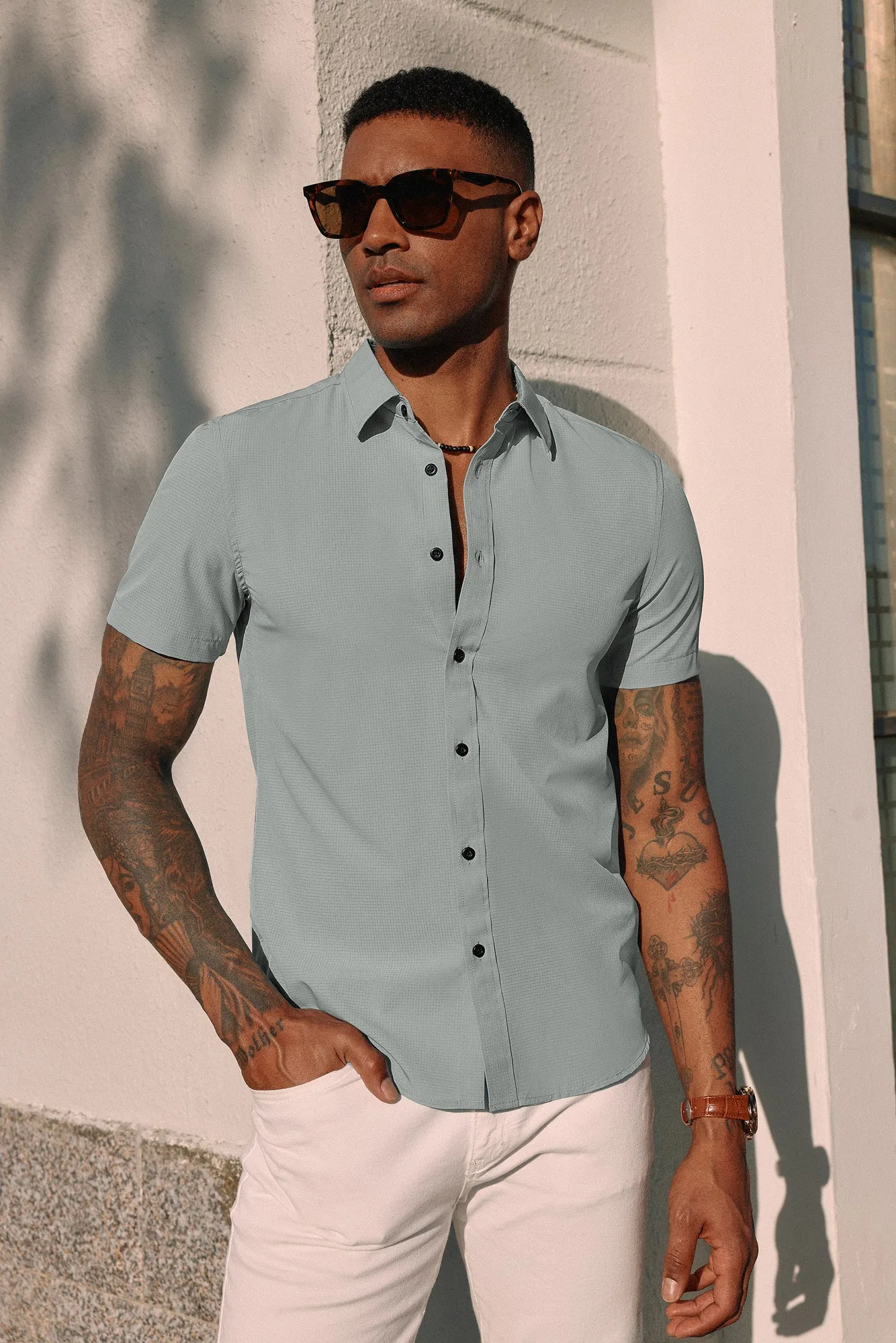 PJ Paul Jones Men Stylish Basic Shirt Short Sleeve Classic Collar Button-up Shirt Tops