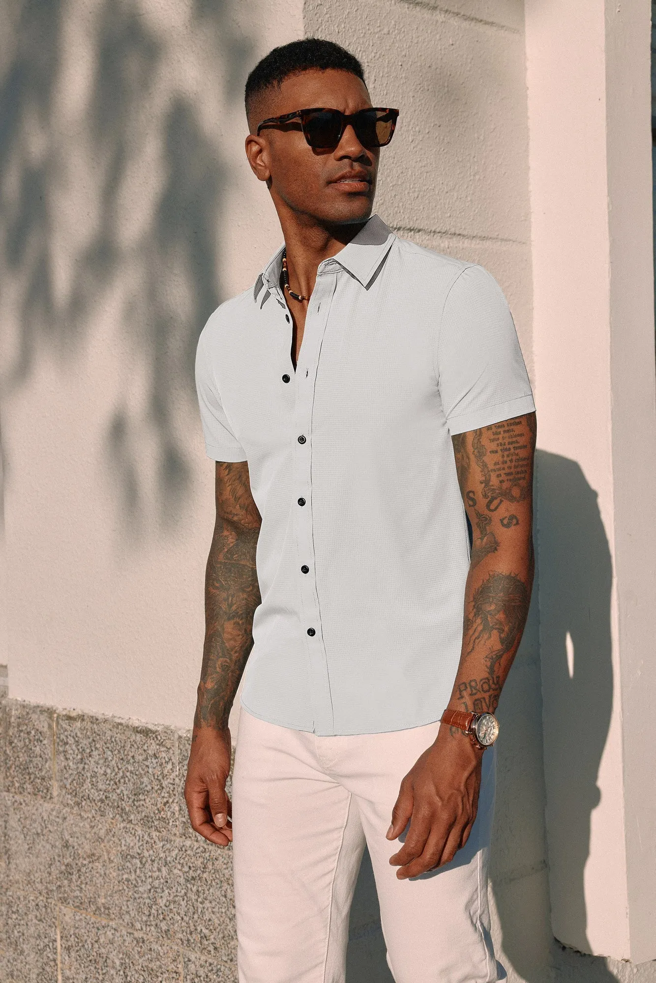 PJ Paul Jones Men Stylish Basic Shirt Short Sleeve Classic Collar Button-up Shirt Tops