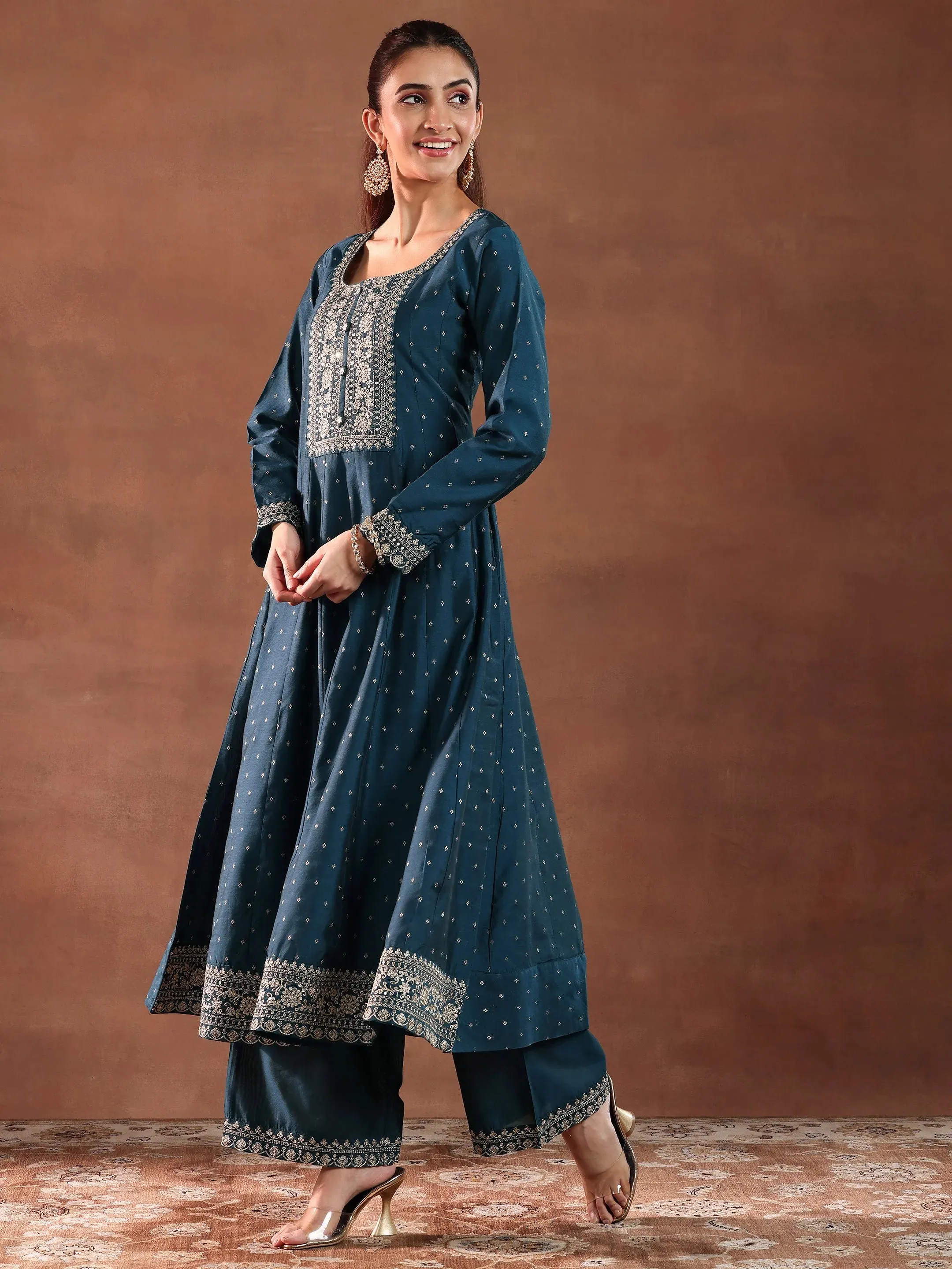 Teal Embroidered Chanderi Silk Anarkali Suit With Dupatta