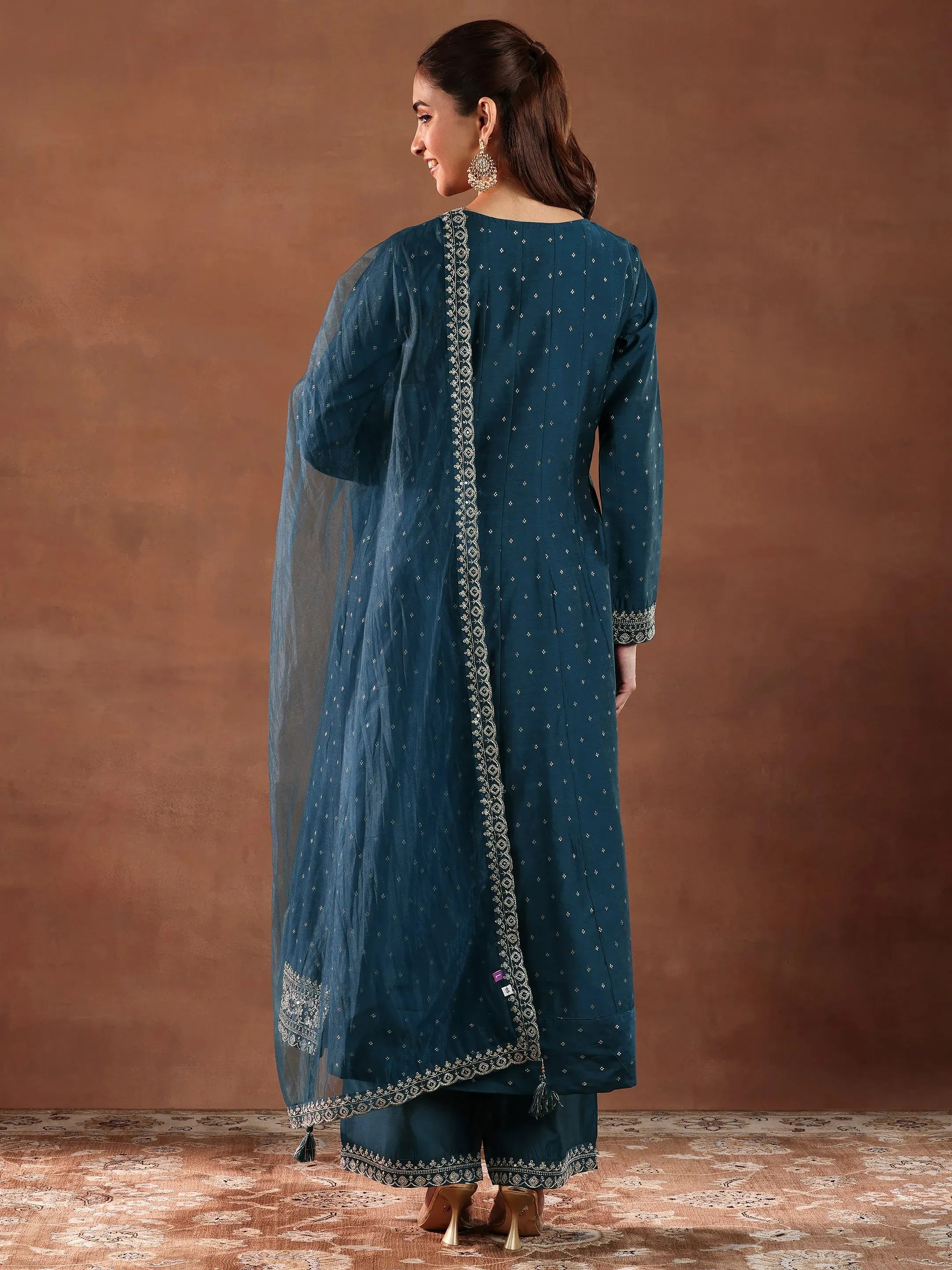 Teal Embroidered Chanderi Silk Anarkali Suit With Dupatta