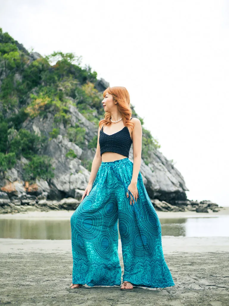 Turquoise Teal Mandala Floral Wide Leg Palazzo Pants