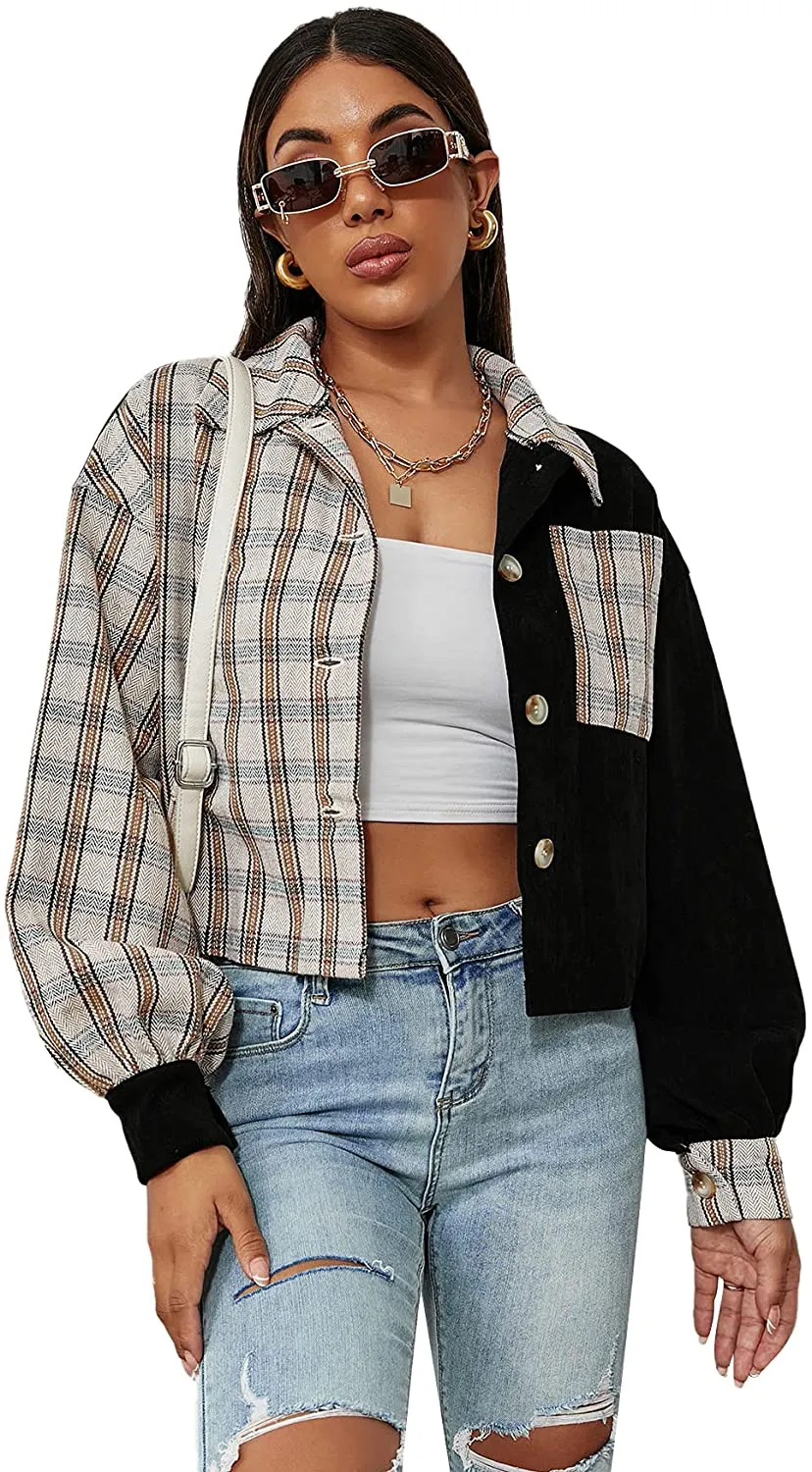 Verdusa Women's Plaid Pocket Front Colorblock Long Sleeve Crop Corduroy Jacket