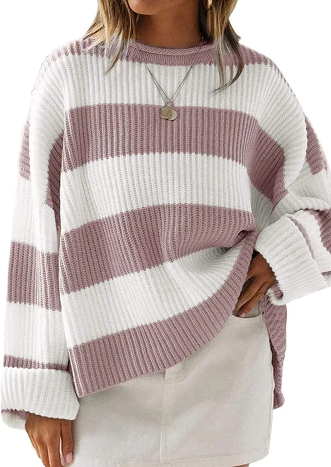 Wenkouban-Christmas Thanksgiving outfits_Women's Striped Color Comfy Knitted Sweater