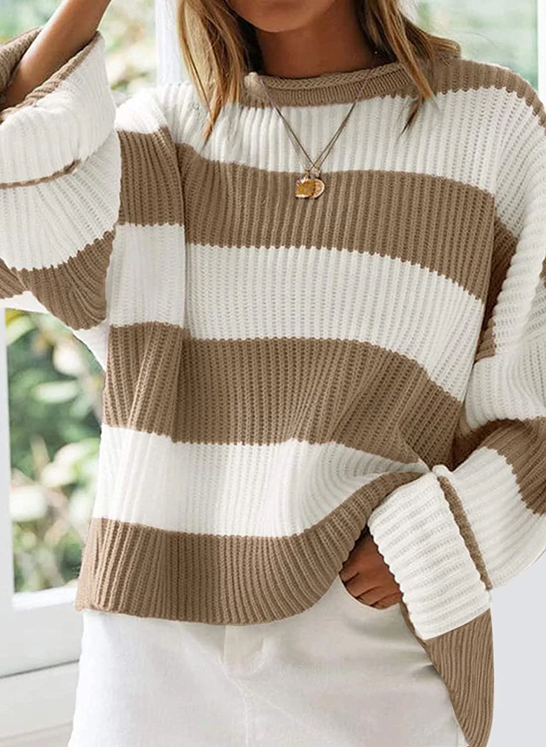 Wenkouban-Christmas Thanksgiving outfits_Women's Striped Color Comfy Knitted Sweater