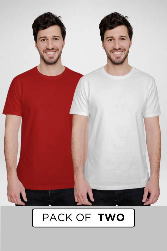 White and Red Plain T-shirts Combo for Men