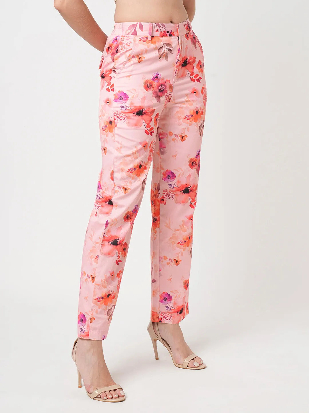 Women Soft Peach High-Rise Relaxed Straight Fit Pants