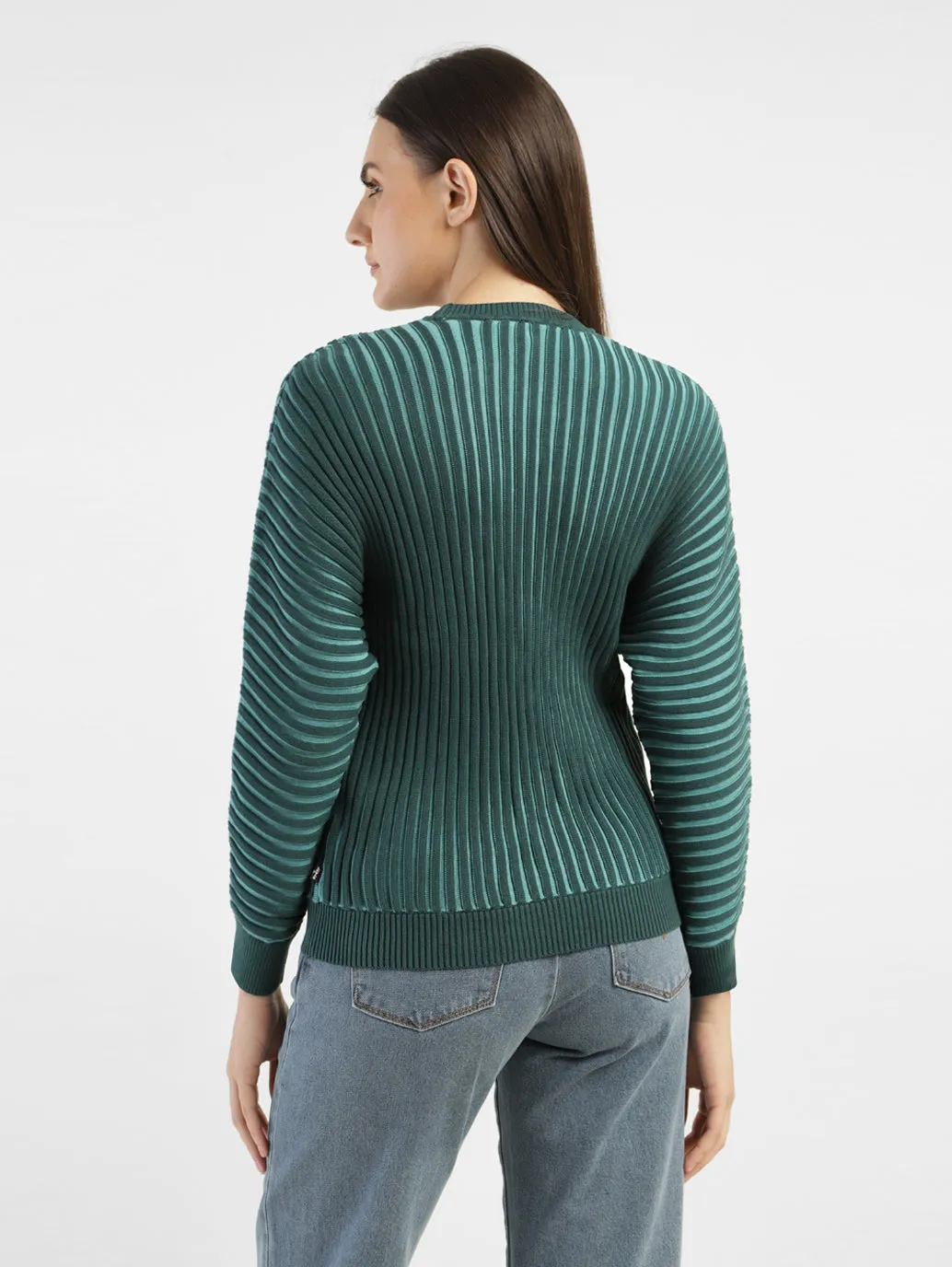 Women's Textured Green Crew Neck Sweater