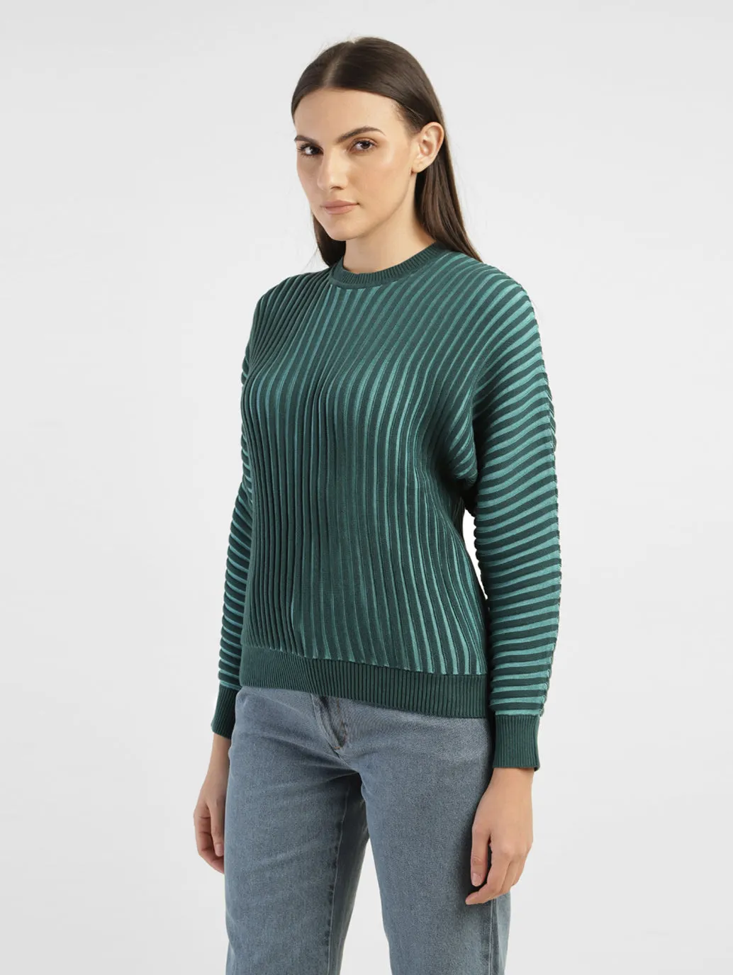 Women's Textured Green Crew Neck Sweater